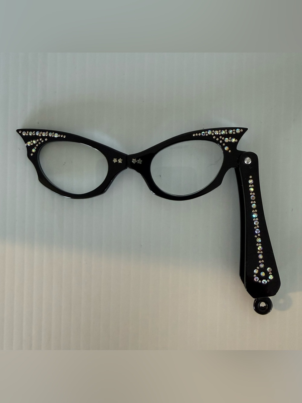Very cool Vintage LORGNETTE glasses, black plastic Bakelite diamanté paste.